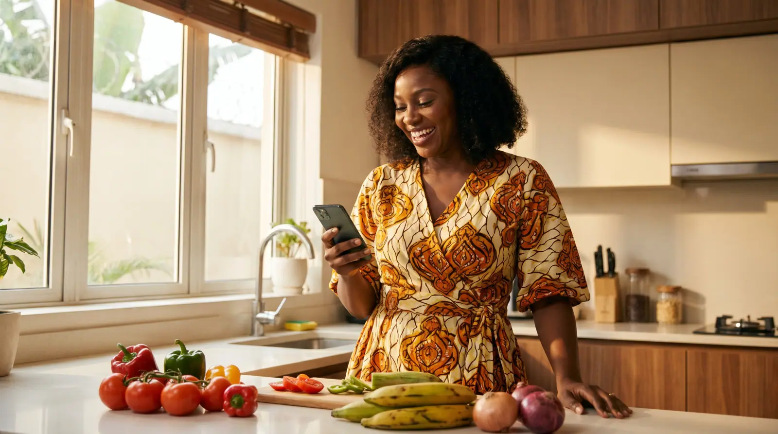 Nigerian woman planning her grocery shopping on her phone